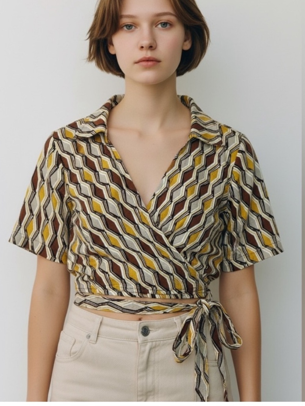 RACHEL Rachel Roy Yellow Brown Geometric Wrap Top Linen Small NWOT